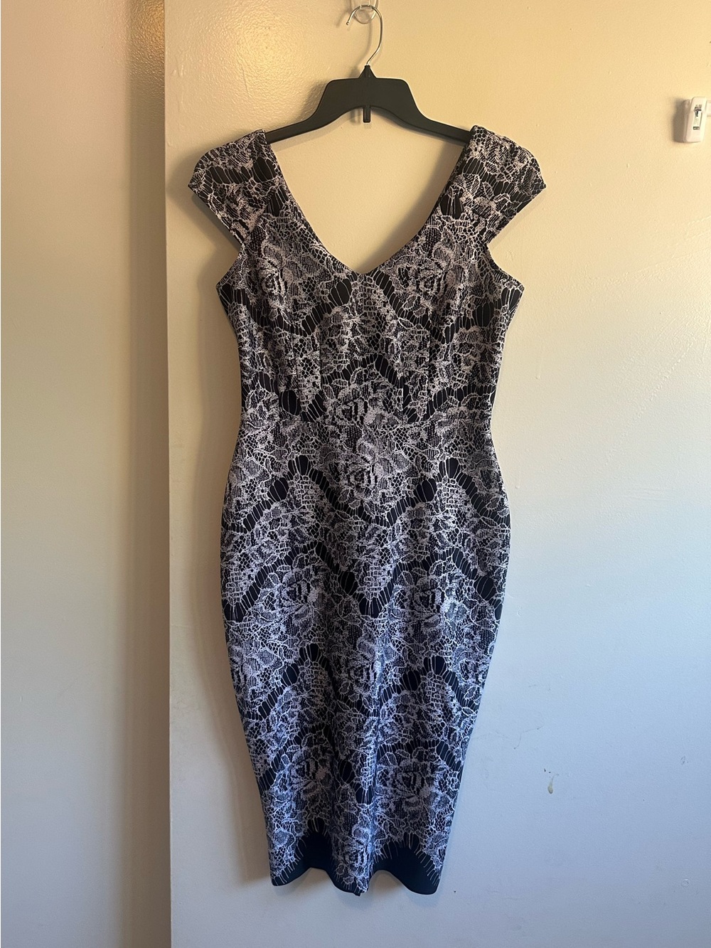 Neiman Marcus Black and White Lace-Effect Midi Dress